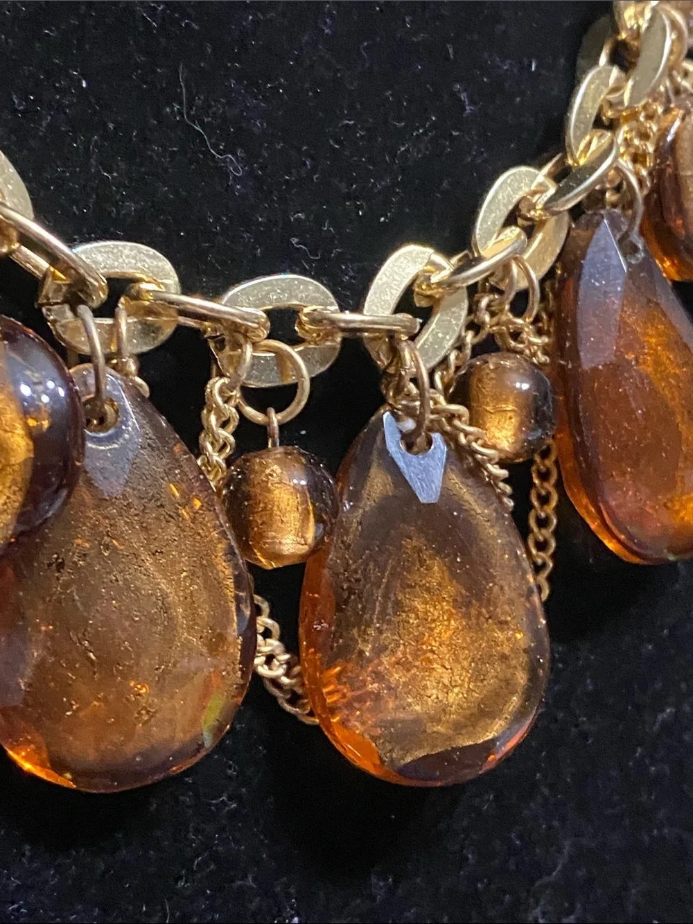 Gold-Tone Necklace with Amber Teardrop Glass Drops